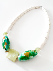 Hand Painted Emerald and Sage Wood Necklace