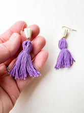Load image into Gallery viewer, Ivory Bone with Lilac Tassel Dangle Earrings