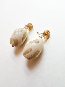 Hand Painted Ivory and Tan Barrel Earrings