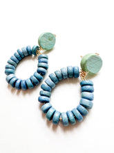 Load image into Gallery viewer, Sky Blue and Green Hand Painted Wood Hoop Earrings