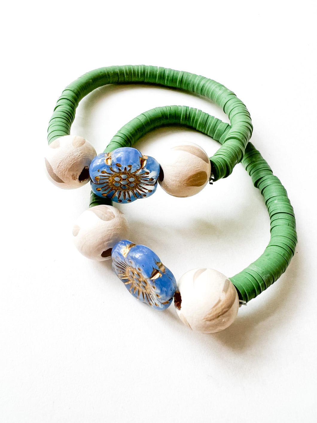 Blue Floral and Grass Green Clay Hand Painted Bracelet