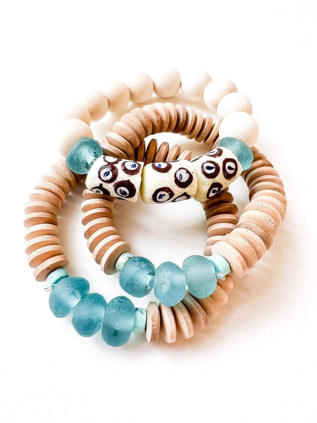 Turquoise Sea Glass and Wood Bracelet