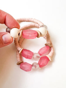 Mix of Pink Sea Glass and Hand Painted Wood Bracelet