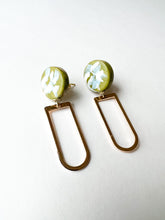 Load image into Gallery viewer, Hand Painted Olive and Sky Blue Arch Earrings