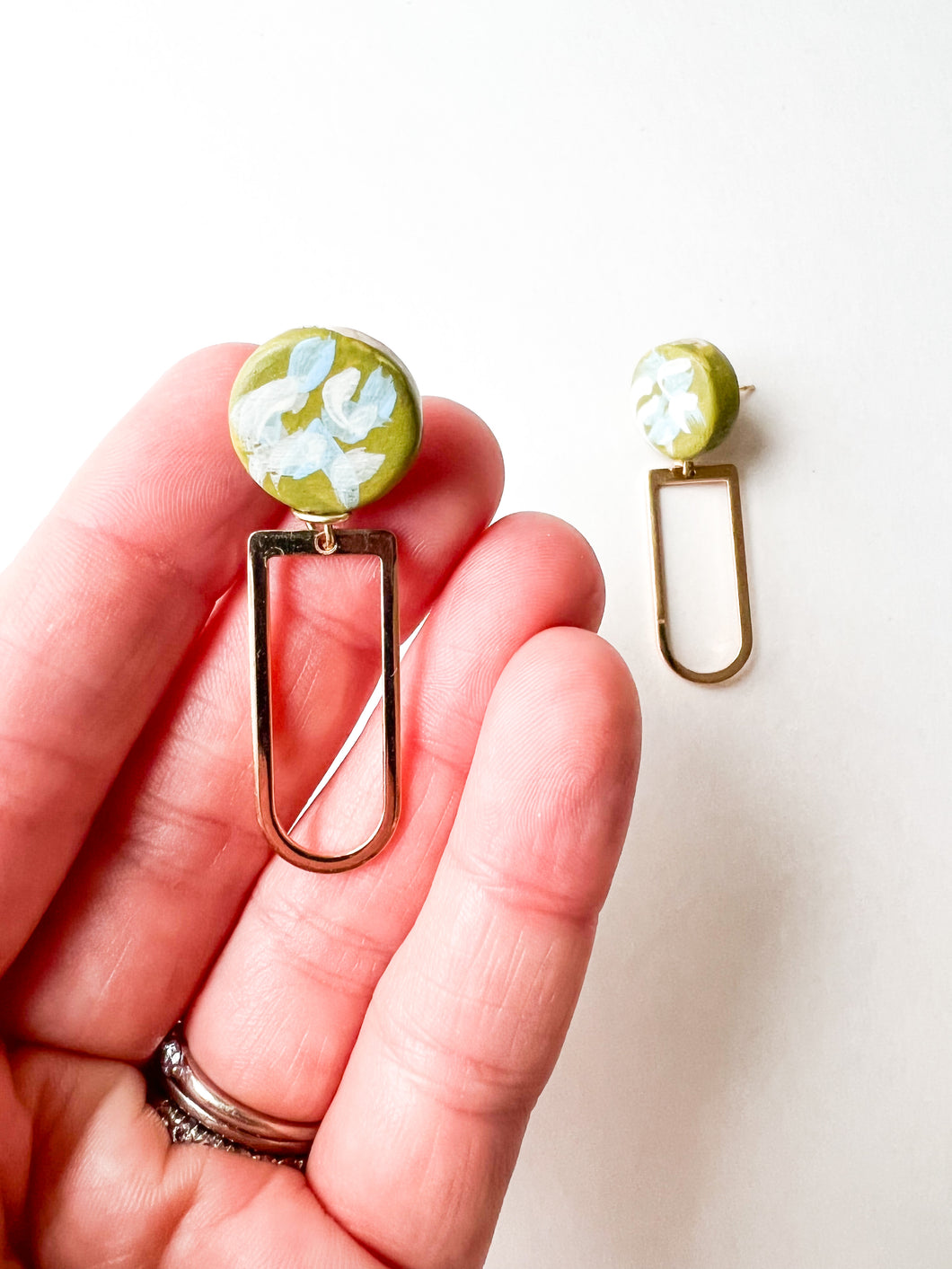 Hand Painted Olive and Sky Blue Arch Earrings