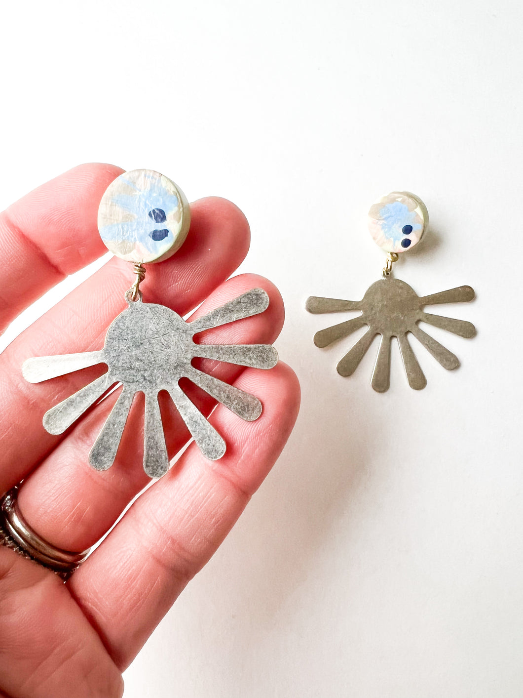 Hand Painted Sky Blue and Navy Silver Sunburst Earrings