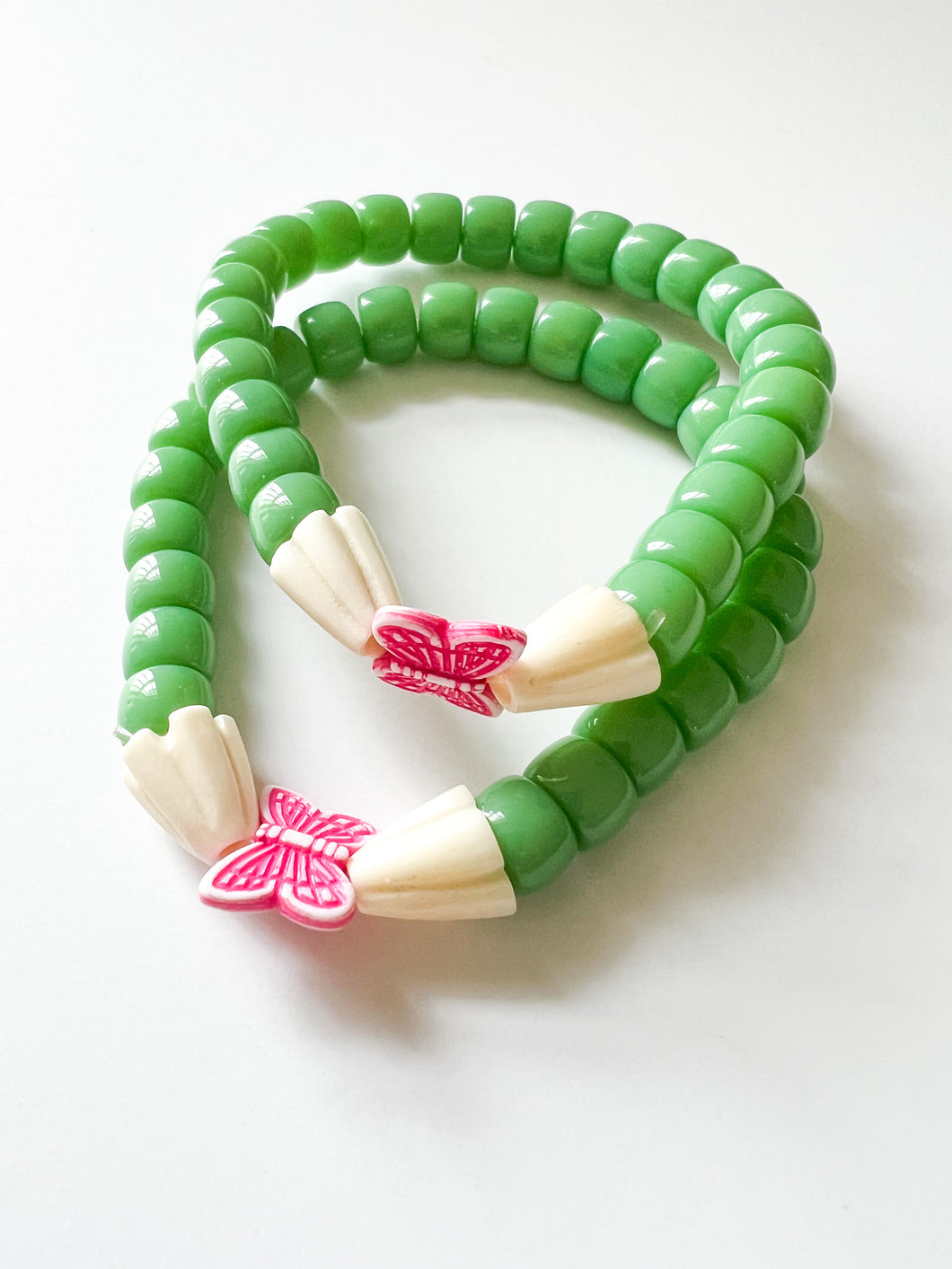 Grass Green Glass with Pink Butterfly Bracelet