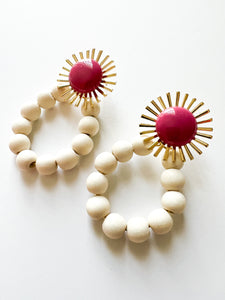 Hot Pink Sunburst with White Wood Earrings