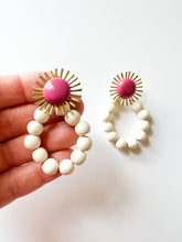 Load image into Gallery viewer, Hot Pink Sunburst with White Wood Earrings