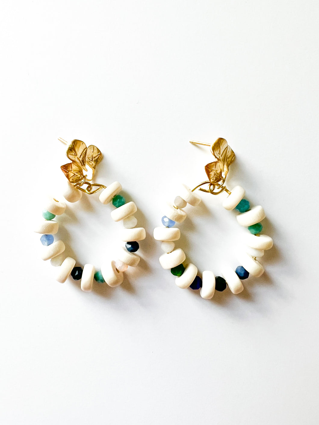 Leaf and Wood Disc with Confetti Gemstone Earrings
