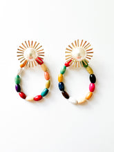 Load image into Gallery viewer, Faux Pearl Sunburst with Confetti Wood Earrings