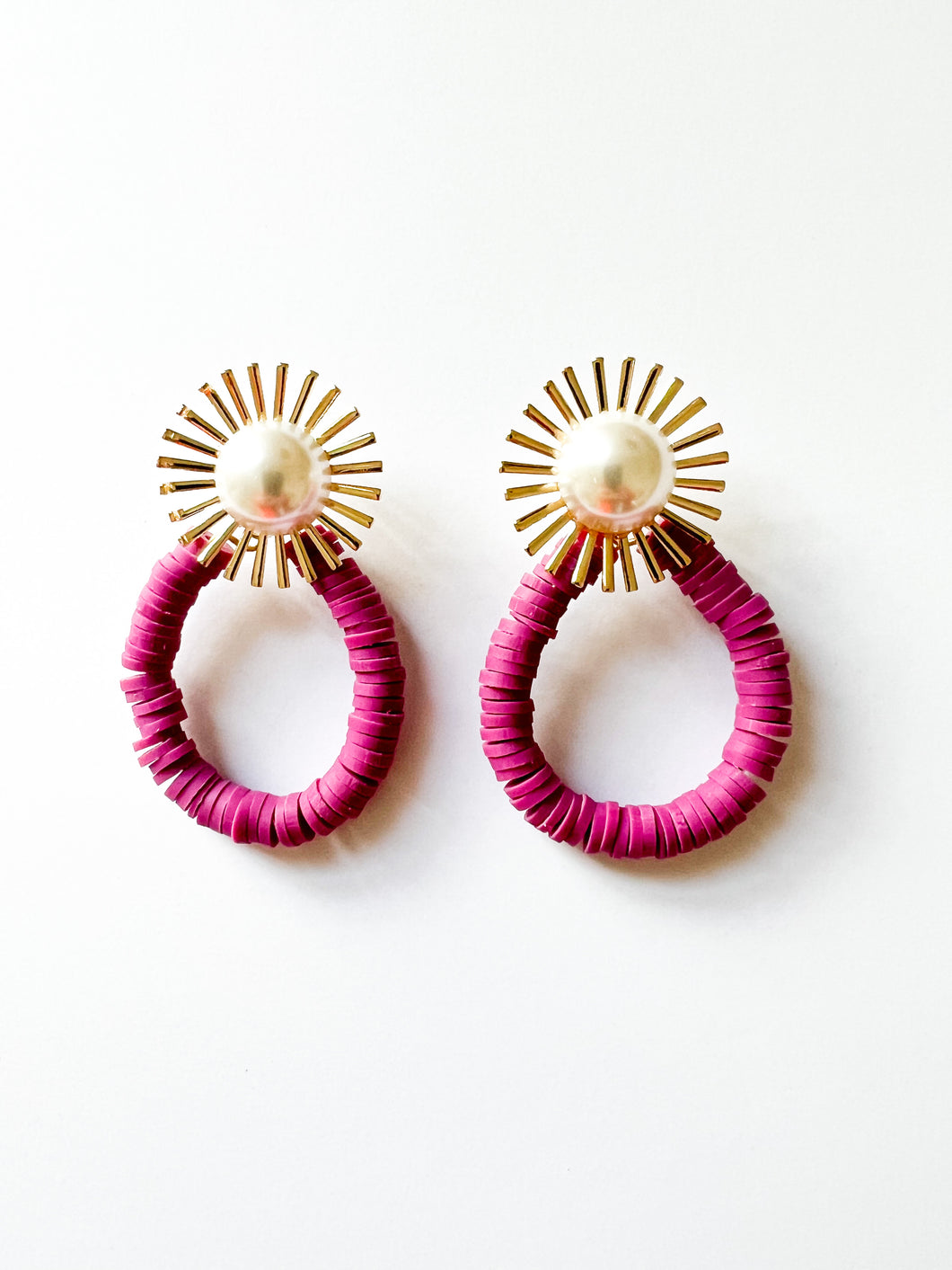 Faux Pearl Sunburst with Magenta Clay Earrings