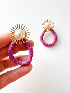 Faux Pearl Sunburst with Magenta Clay Earrings