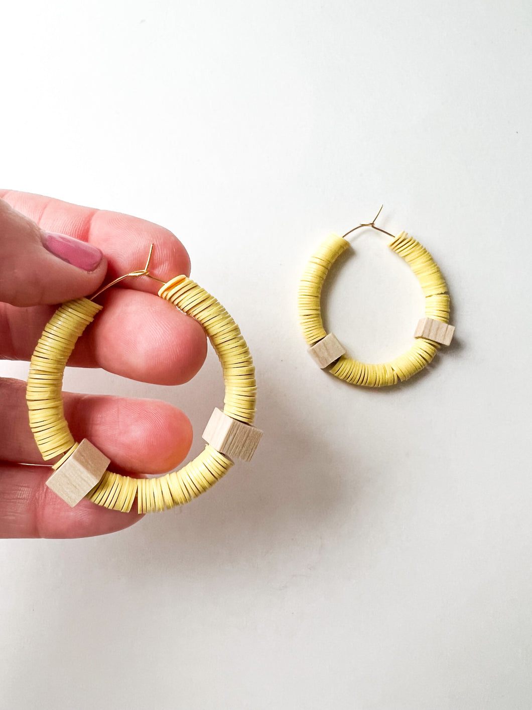Sunny Yellow Vinyl Disc and Wood Cube Hoops
