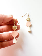 Load image into Gallery viewer, Brass Heart with Wood and Bone Dangle Earrings