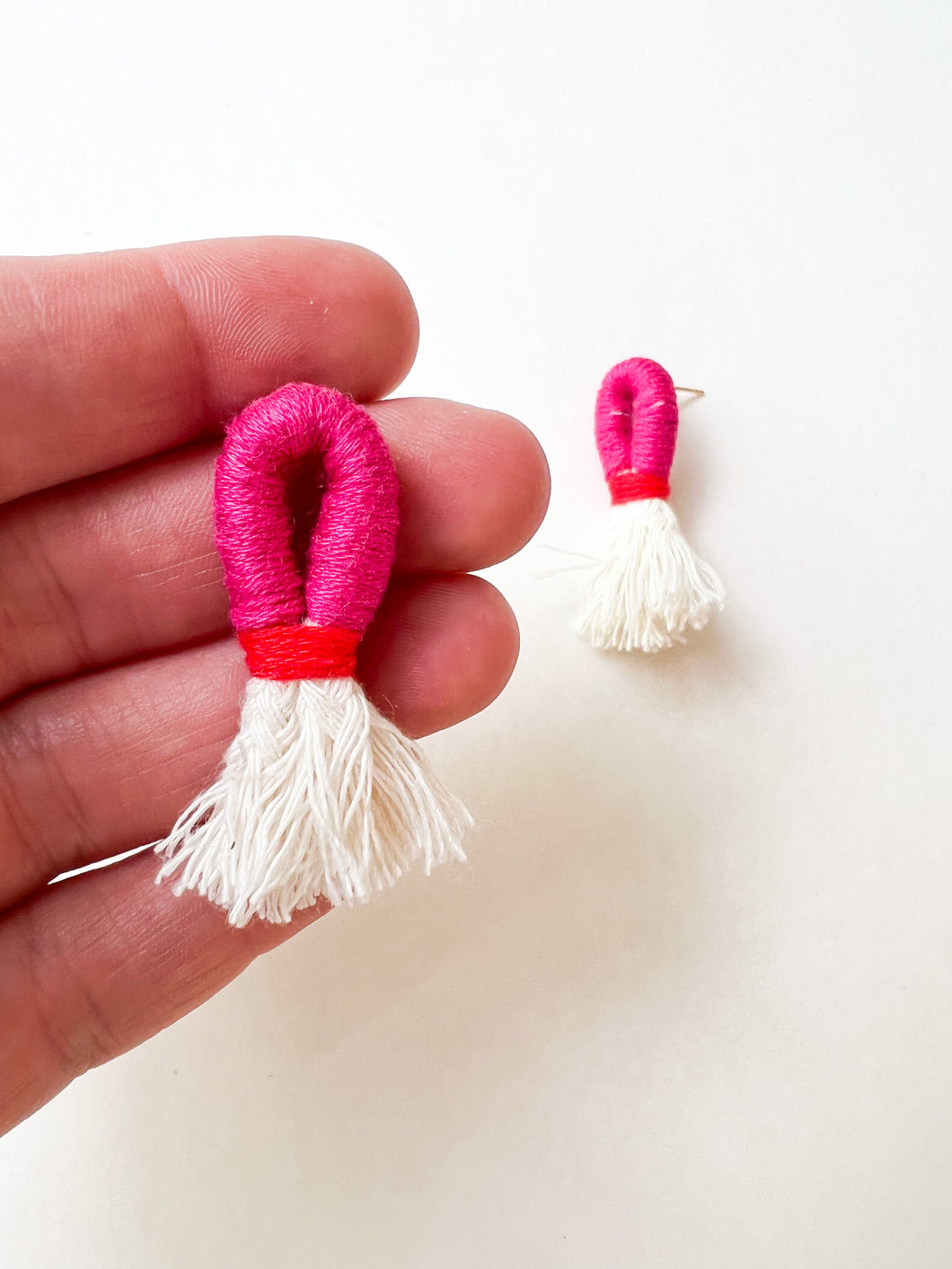 Magenta and Red Wrapped Cotton Post Earring