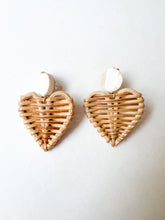 Load image into Gallery viewer, Hand Painted Blush and Rattan Heart Earrings