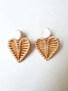 Hand Painted Blush and Rattan Heart Earrings