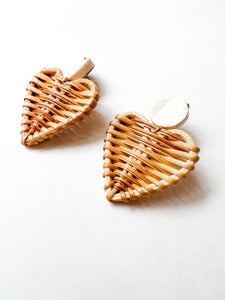 Hand Painted Blush and Rattan Heart Earrings