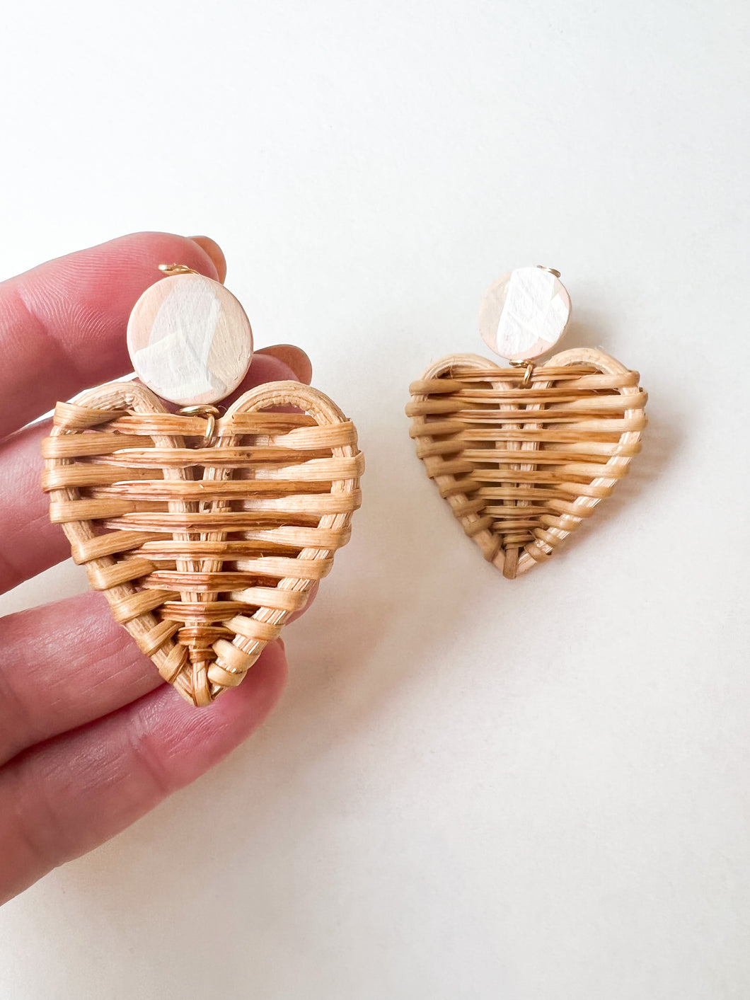 Hand Painted Blush and Rattan Heart Earrings