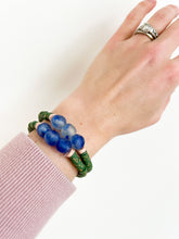 Load image into Gallery viewer, Cloudy Blue Sea Glass with Pink and Green Clay Bracelet