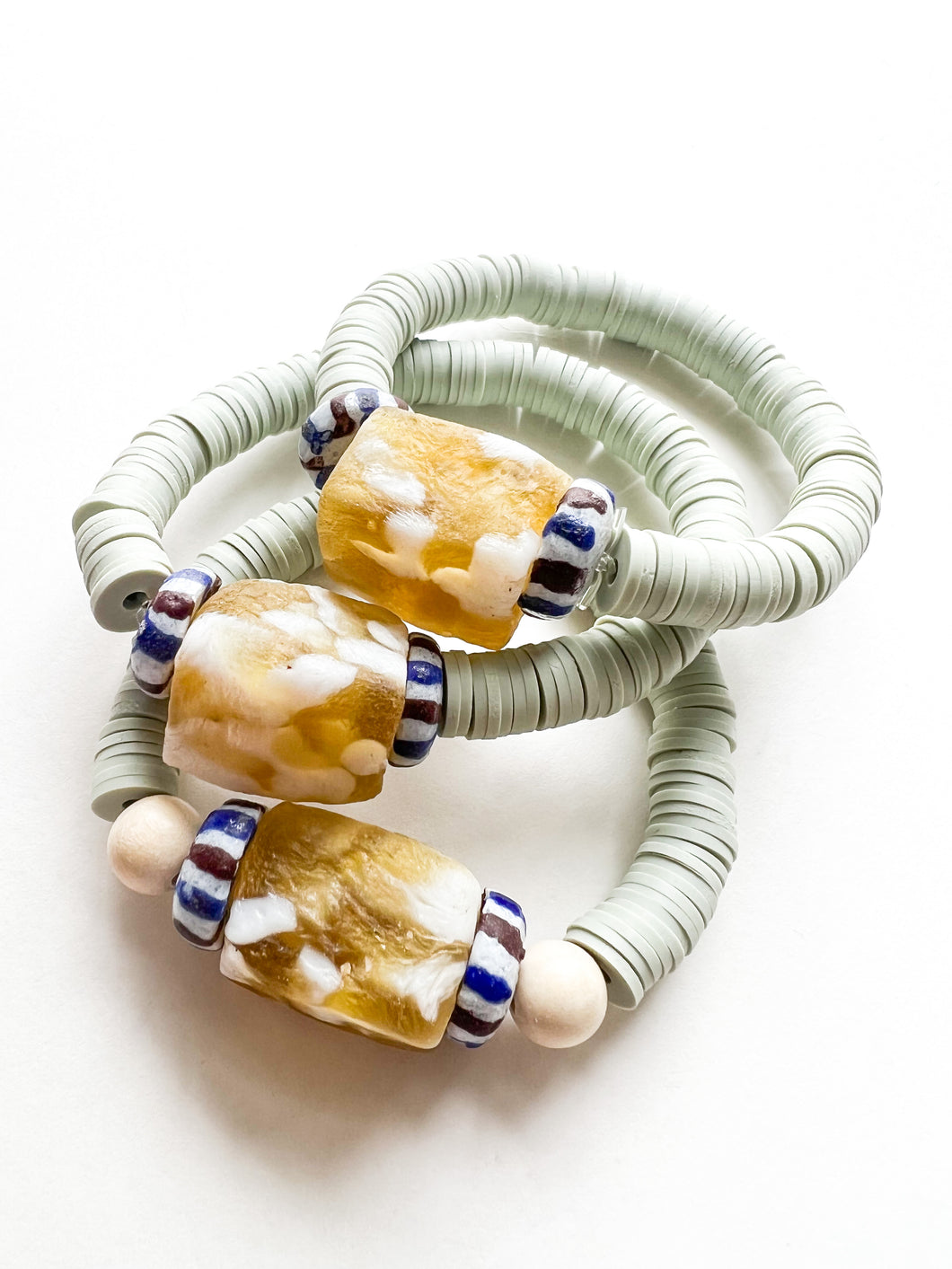 Mixed Yellow Glass with Pistachio Clay Disc Bracelet