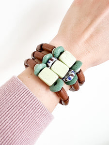 Hand Painted Green Color Block with Green Glass Bracelet